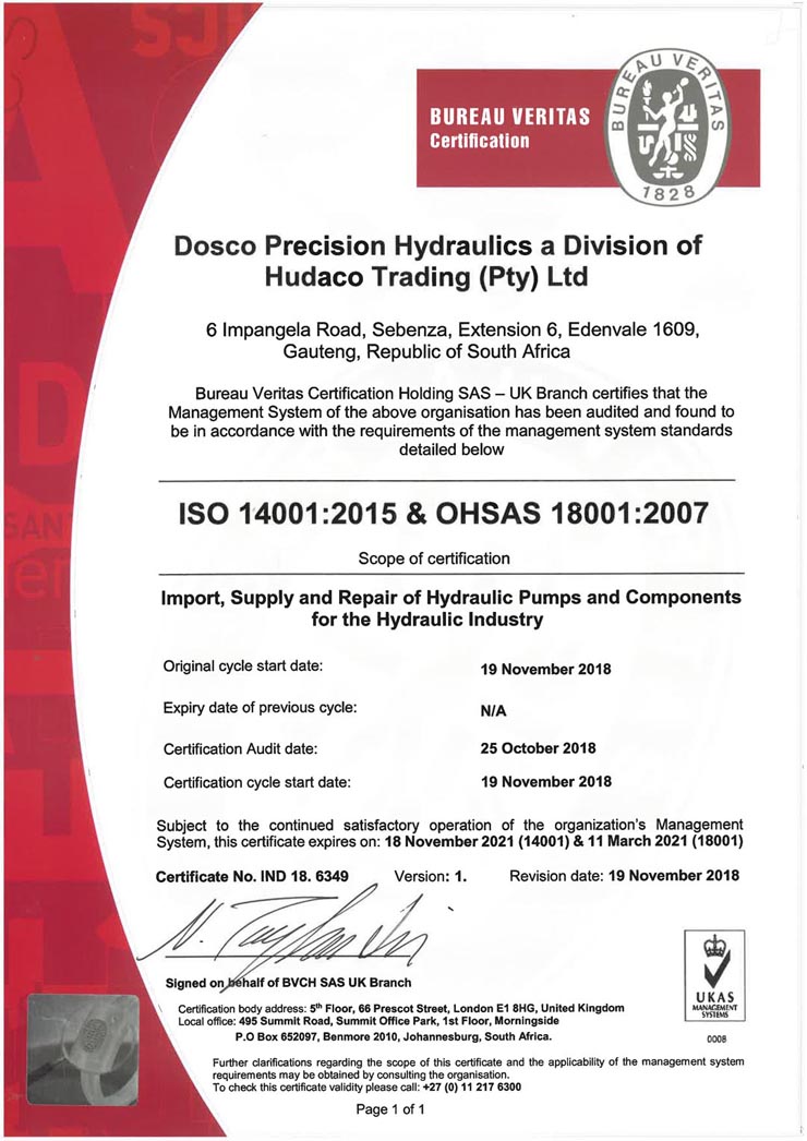 DOSCO ISO 14001-1025 and OHSAS 18001-2007 Certificate