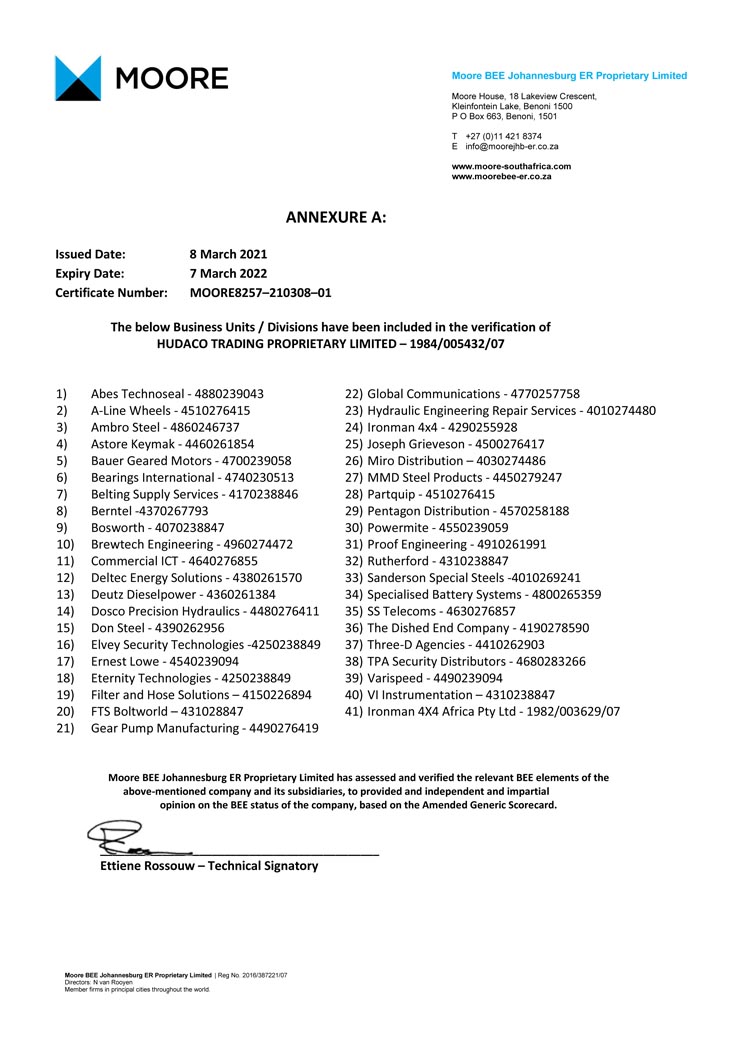 Hudaco BBBEE Certificate Annexure