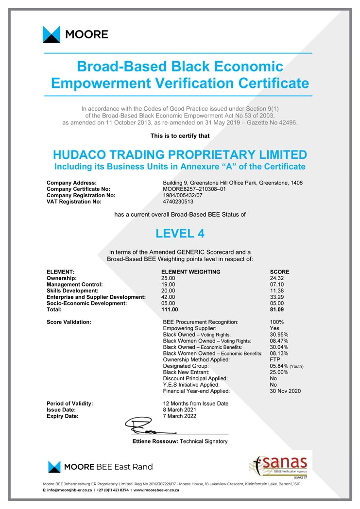 Hudaco BBBEE Certificate