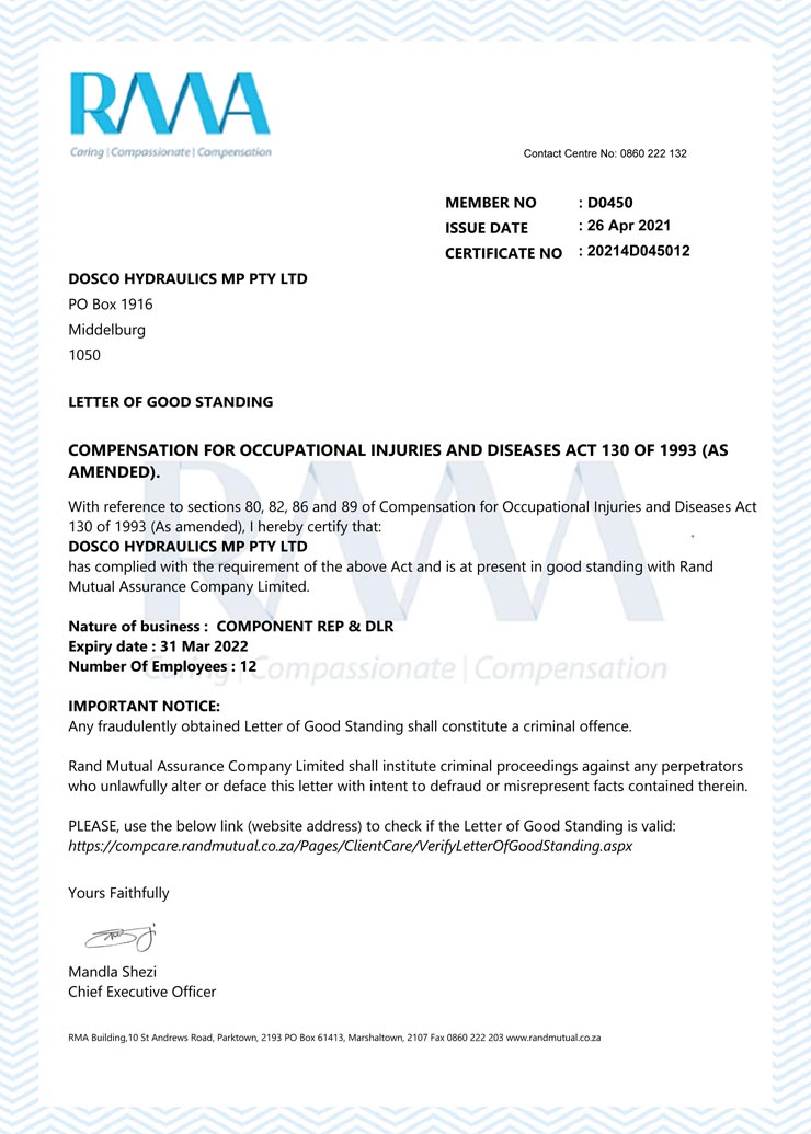 DOSCO-MP - RMA letter of Good Standing