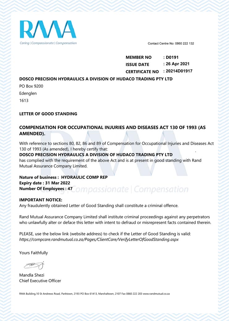DOSCO - RMA letter of Good Standing